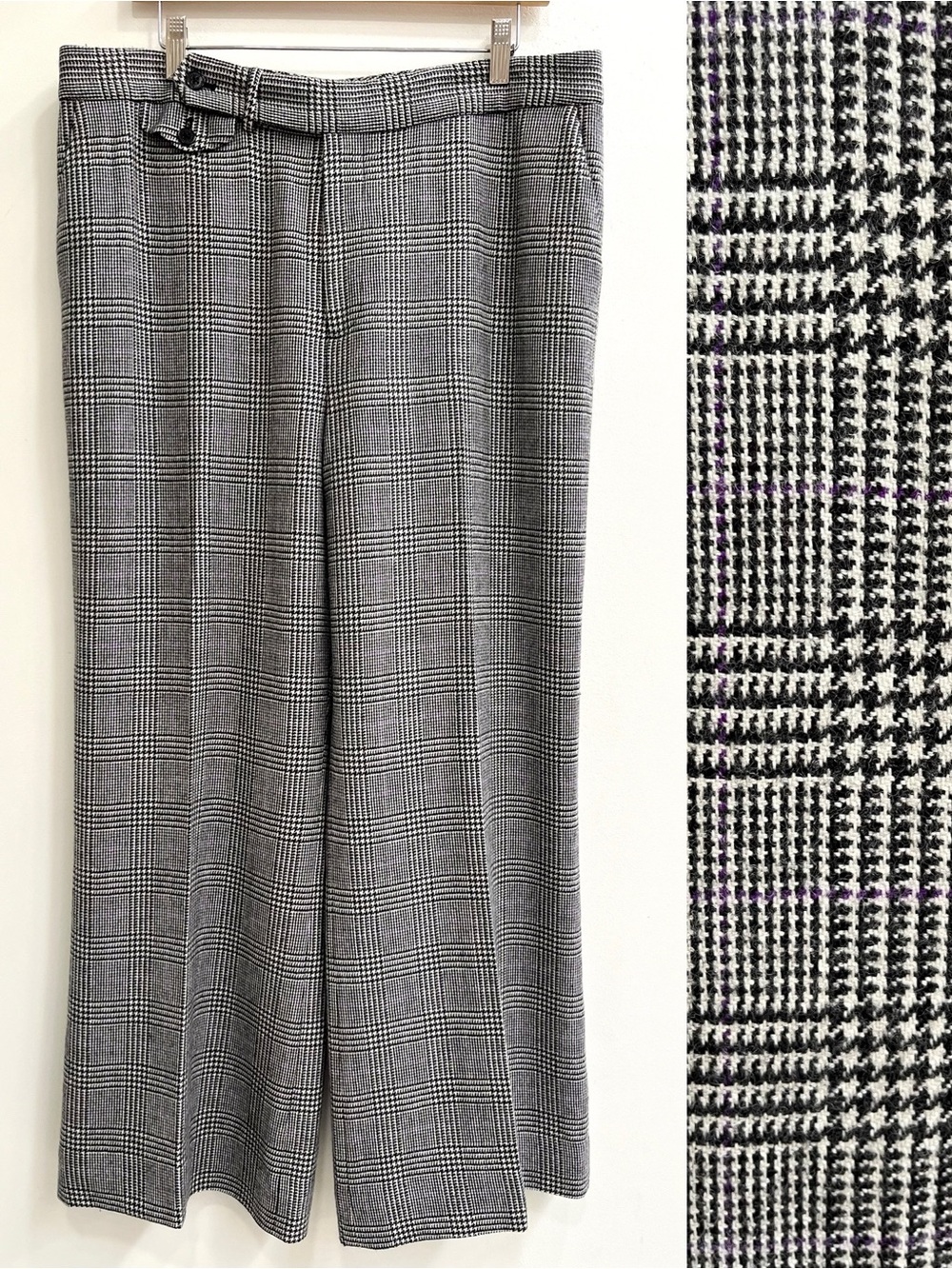 Vintage Lauren Ralph Lauren black white glen plaid wide leg wool trousers 14